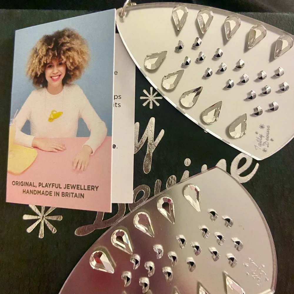 Tatty DeViNe acrylic ironing earrings mirrored sparkly earrings NEW in box iron